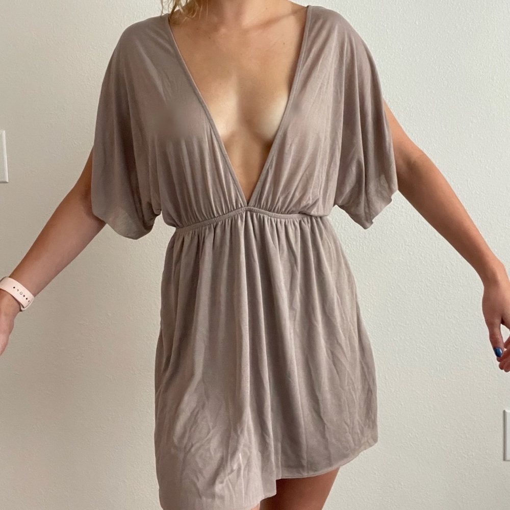 TOBI TAUPE PLUNGE NECK DRESS